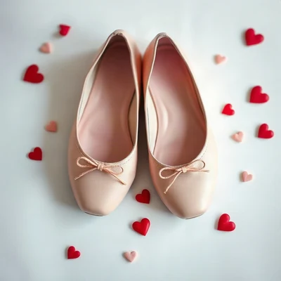 coquette pfp — pink ballet flats, ivory and soft red, tiny scattered hearts