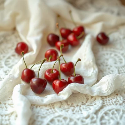 coquette pfp — cherries on lace, ivory and soft red, gentle film grain