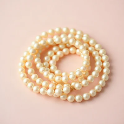 coquette pfp — string of pearls coiled elegantly, blush pink and cream, gentle film grain