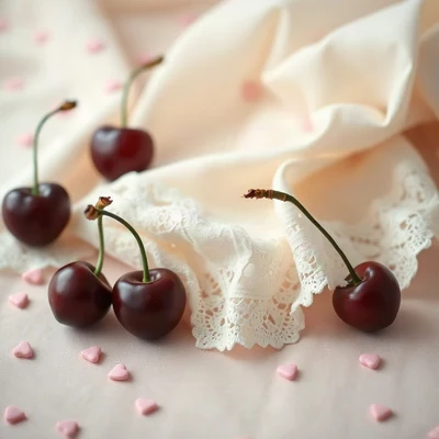 coquette pfp — cherries on lace, blush pink and cream, tiny scattered hearts