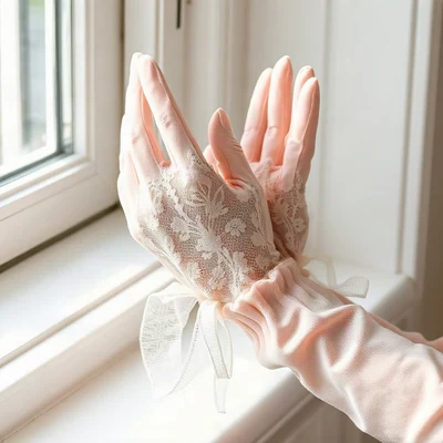 coquette pfp — lace gloves folded, blush pink and cream, soft window light