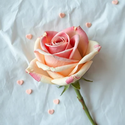 coquette pfp — dried rose on linen, blush pink and cream, tiny scattered hearts