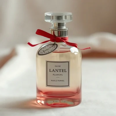coquette pfp — vintage perfume bottle, ivory and soft red, gentle film grain