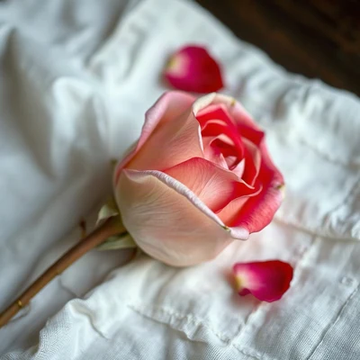 coquette pfp — dried rose on linen, ivory and soft red, gentle film grain