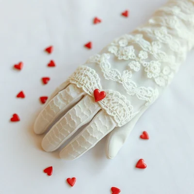 coquette pfp — lace gloves folded, ivory and soft red, tiny scattered hearts