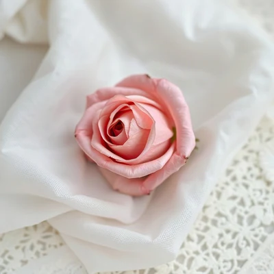 coquette pfp — dried rose on linen, dusty rose and pearl white, delicate lace texture