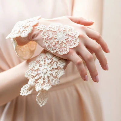 coquette pfp — lace gloves folded, blush pink and cream, gentle film grain