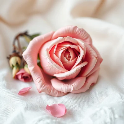 coquette pfp — dried rose on linen, dusty rose and pearl white, gentle film grain