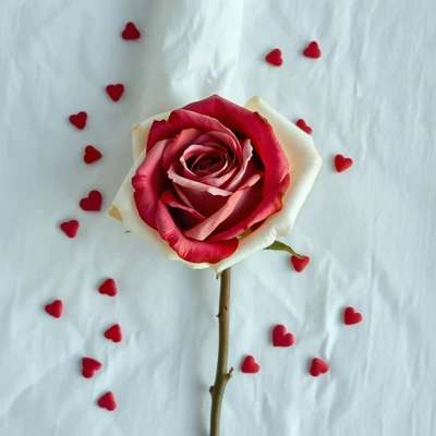 coquette pfp — dried rose on linen, ivory and soft red, tiny scattered hearts