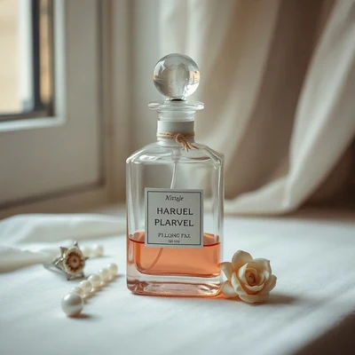 coquette pfp — vintage perfume bottle, dusty rose and pearl white, soft window light