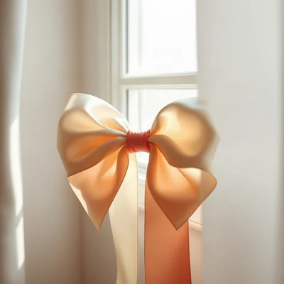 coquette pfp — silk ribbon bow, ivory and soft red, soft window light