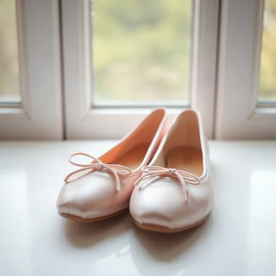 coquette pfp — pink ballet flats, dusty rose and pearl white, soft window light