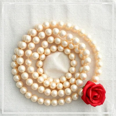 coquette pfp — string of pearls coiled elegantly, ivory and soft red, delicate lace texture