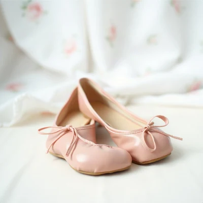 coquette pfp — pink ballet flats, dusty rose and pearl white, gentle film grain