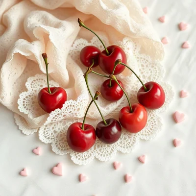 coquette pfp — cherries on lace, dusty rose and pearl white, tiny scattered hearts