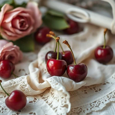 coquette pfp — cherries on lace, dusty rose and pearl white, delicate lace texture