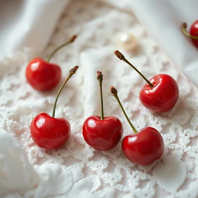 coquette pfp — cherries on lace, dusty rose and pearl white, gentle film grain
