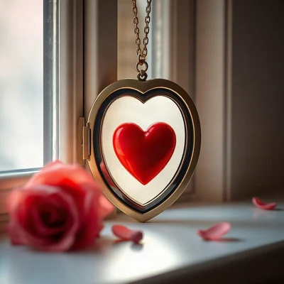 coquette pfp — heart-shaped locket, ivory and soft red, soft window light