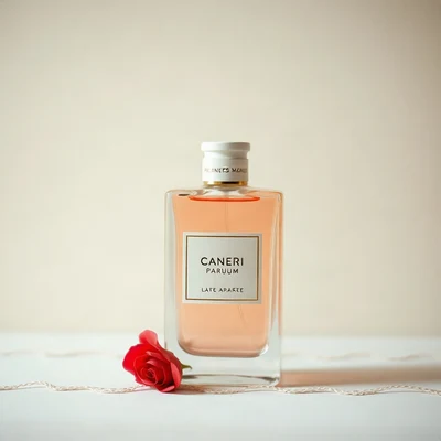 coquette pfp — vintage perfume bottle, ivory and soft red, gentle film grain