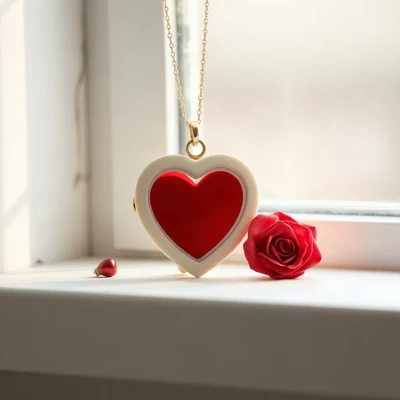 coquette pfp — heart-shaped locket, ivory and soft red, soft window light