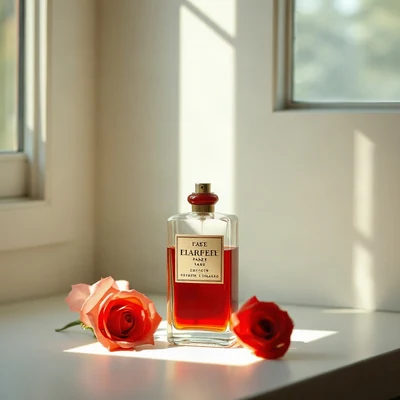coquette pfp — vintage perfume bottle, ivory and soft red, soft window light