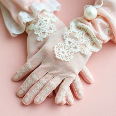 coquette pfp — lace gloves folded, dusty rose and pearl white, delicate lace texture