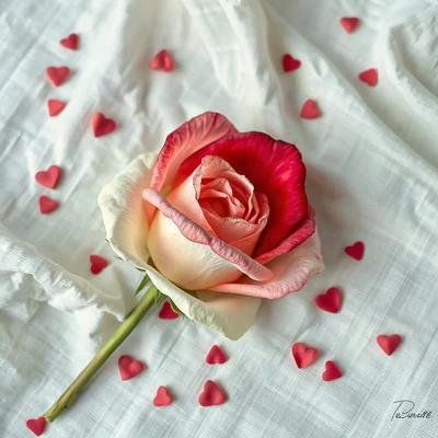 coquette pfp — dried rose on linen, ivory and soft red, tiny scattered hearts