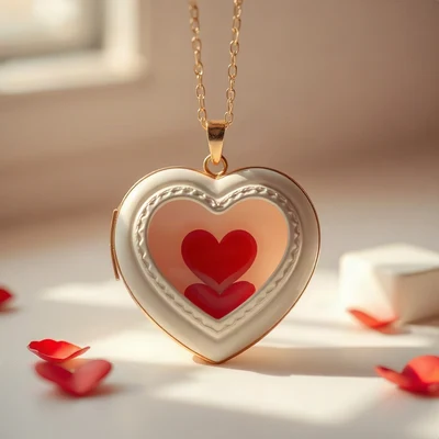 coquette pfp — heart-shaped locket, ivory and soft red, soft window light