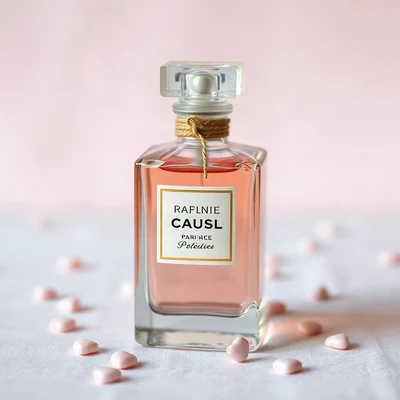 coquette pfp — vintage perfume bottle, dusty rose and pearl white, tiny scattered hearts