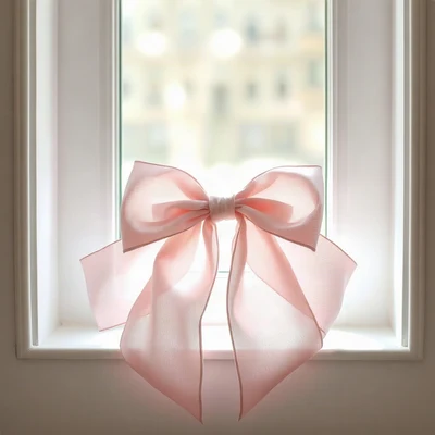 coquette pfp — silk ribbon bow, blush pink and cream, soft window light