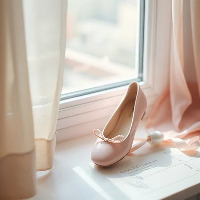coquette pfp — pink ballet flats, dusty rose and pearl white, soft window light