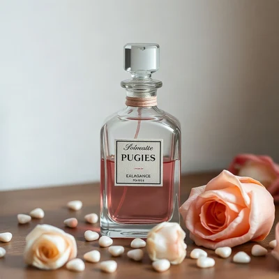 coquette pfp — vintage perfume bottle, dusty rose and pearl white, tiny scattered hearts