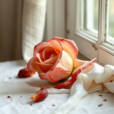 coquette pfp — dried rose on linen, ivory and soft red, soft window light