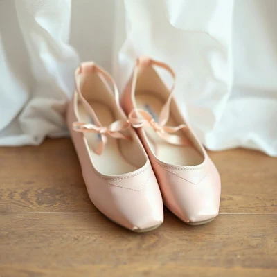 coquette pfp — pink ballet flats, dusty rose and pearl white, gentle film grain