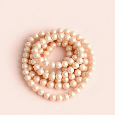 coquette pfp — string of pearls coiled elegantly, blush pink and cream, gentle film grain