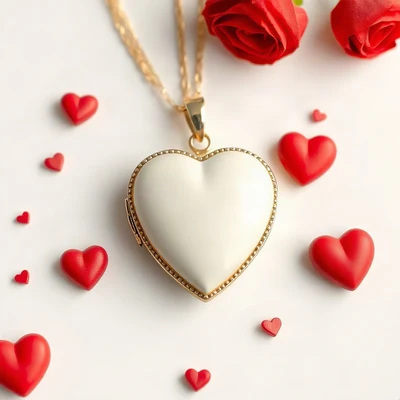 coquette pfp — heart-shaped locket, ivory and soft red, tiny scattered hearts