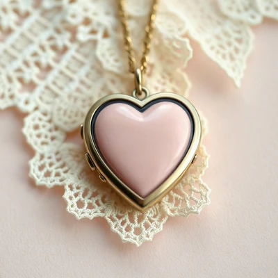 coquette pfp — heart-shaped locket, blush pink and cream, delicate lace texture