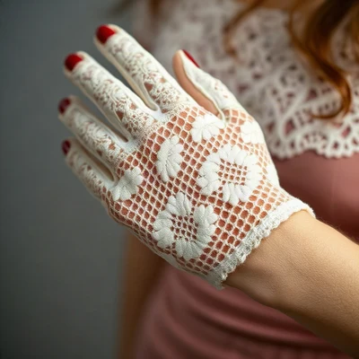 coquette pfp — lace gloves folded, ivory and soft red, delicate lace texture