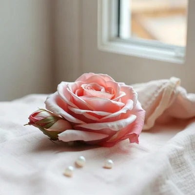 coquette pfp — dried rose on linen, dusty rose and pearl white, soft window light