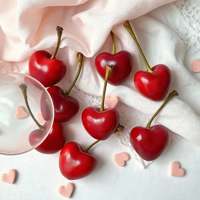 coquette pfp — cherries on lace, dusty rose and pearl white, tiny scattered hearts