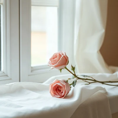 coquette pfp — dried rose on linen, dusty rose and pearl white, soft window light