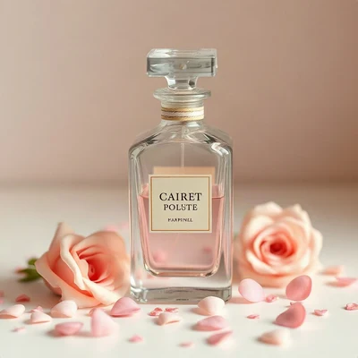 coquette pfp — vintage perfume bottle, blush pink and cream, tiny scattered hearts