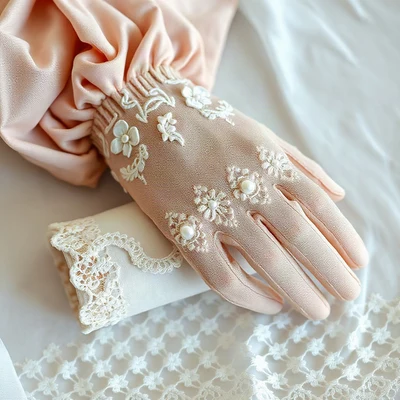 coquette pfp — lace gloves folded, dusty rose and pearl white, delicate lace texture