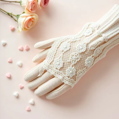 coquette pfp — lace gloves folded, dusty rose and pearl white, tiny scattered hearts