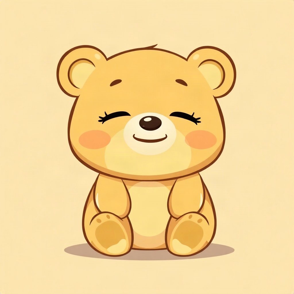 cute pfp — sleepy bear cub, butter yellow palette, tiny open-mouth smile