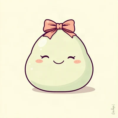 cute pfp — smiling dumpling creature, sage green pastel palette, tiny bow on head
