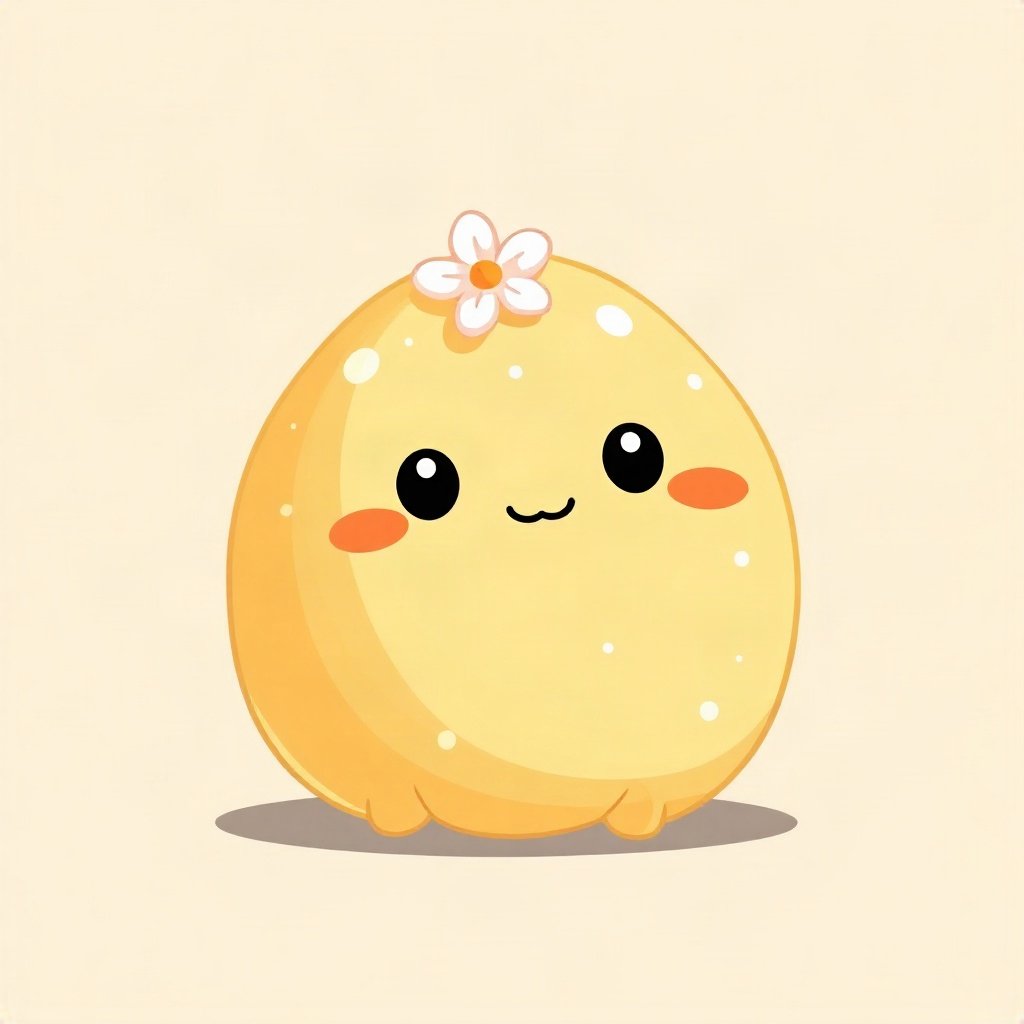 cute pfp — smiling dumpling creature, butter yellow palette, tiny flower accessory