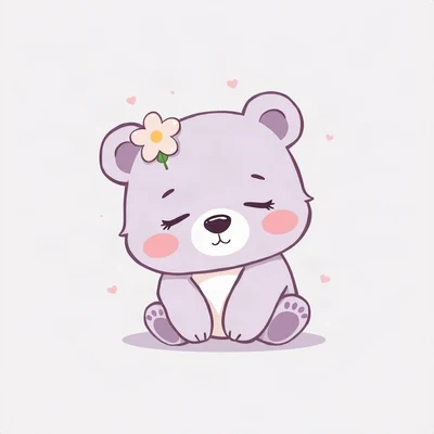 cute pfp — sleepy bear cub, lavender blush palette, tiny flower accessory