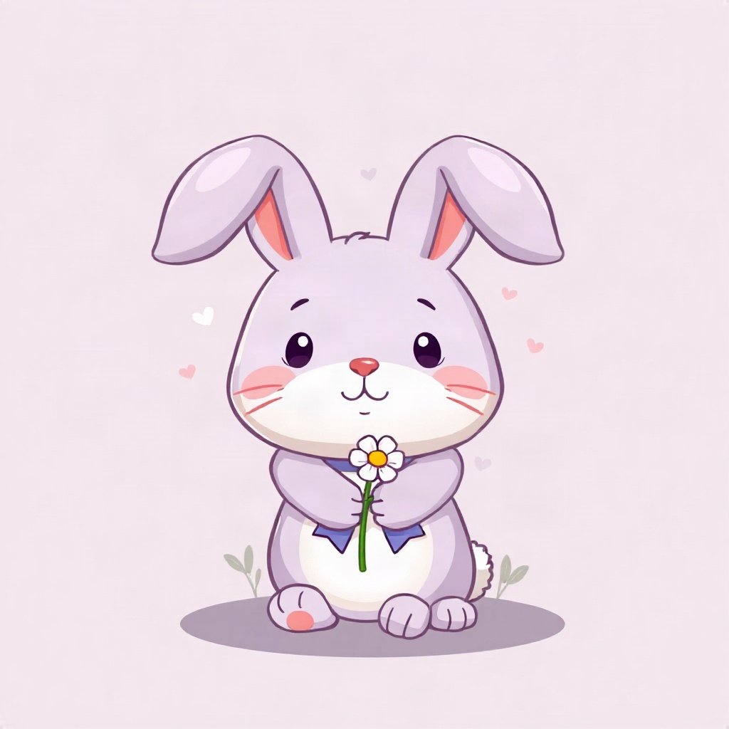 cute pfp — chubby bunny with floppy ears, lavender blush palette, tiny flower accessory