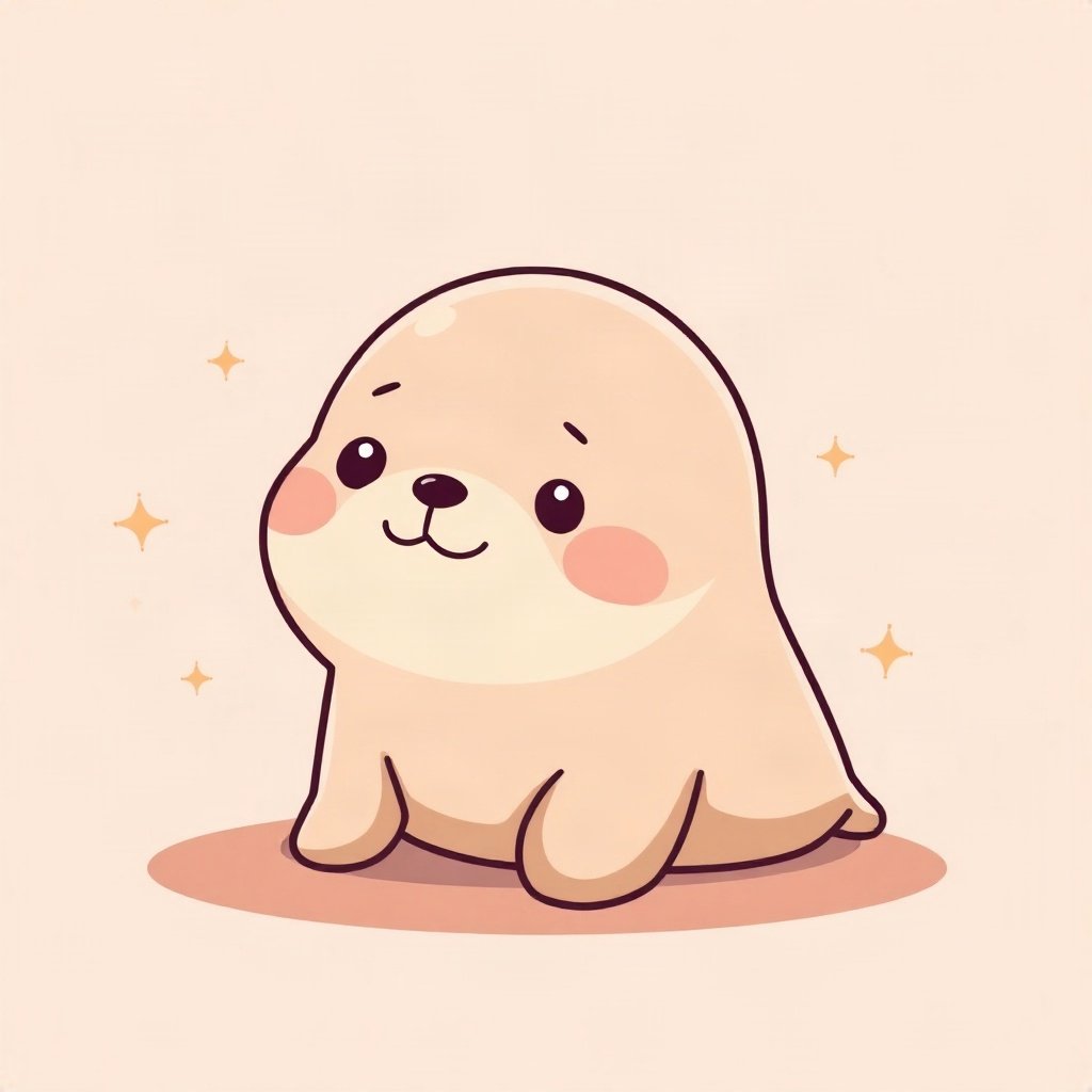 cute pfp — happy seal pup, peach and cream palette, small sparkles around